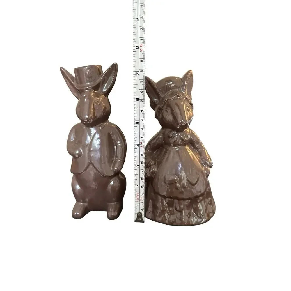 Mr. & Mrs Bunny Brown Faux Chocolate Easter Bunnies Rabbits Ceramic Figurines 7”
